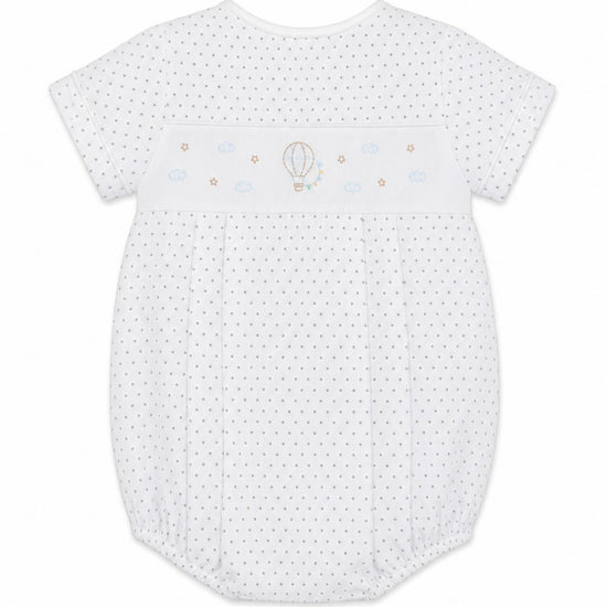 Carriage Boutique white cotton blend baby boys romper with grey polka dots and hot air balloon smocking.