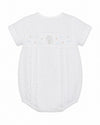 Carriage Boutique white cotton blend baby boys romper with grey polka dots and hot air balloon smocking.