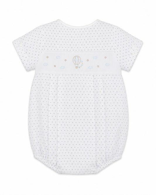 Carriage Boutique white cotton blend baby boys romper with grey polka dots and hot air balloon smocking.