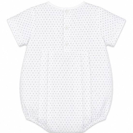 Carriage Boutique white cotton blend bubble romper with grey polka dots and smocked hot air balloon detail.