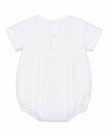 Carriage Boutique white cotton blend bubble romper with grey polka dots and smocked hot air balloon detail.
