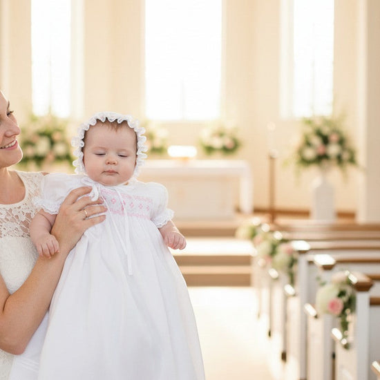 Carriage Boutique baby girl christening gown with pink bullion cross, smocked yoke, and matching ruffled bonnet