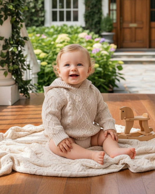 Carriage Boutique baby boy wearing a beige fisherman knit sweater with a hood, sitting on a porch with a toy horse.