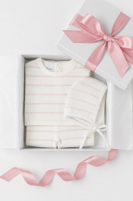Carriage Boutique 3-piece baby gift set with cream and blush pink striped knit leggings, top, and matching bonnet.