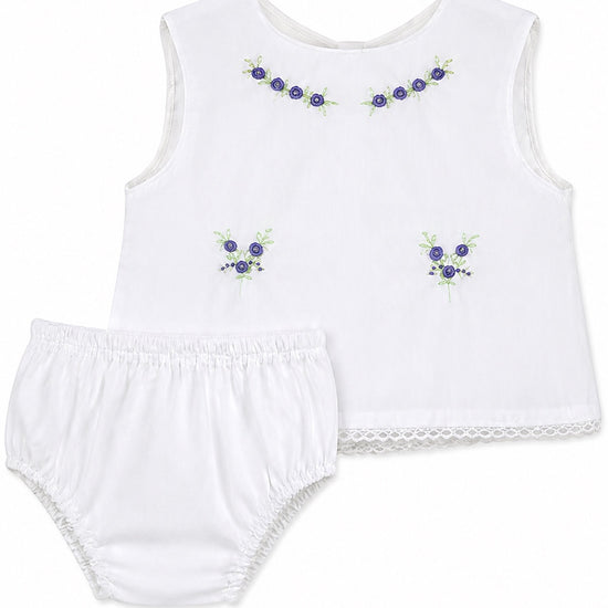 Carriage Boutique baby girl two-piece cotton diaper set in white with lilac floral bullion embroidery and lace trim.
