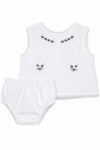 Carriage Boutique baby girl two-piece cotton diaper set in white with lilac floral bullion embroidery and lace trim.