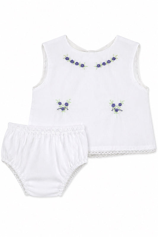 Carriage Boutique baby girl two-piece cotton diaper set in white with lilac floral bullion embroidery and lace trim.