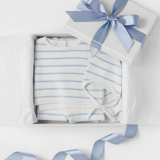 Carriage Boutique 3 piece baby set with white and sky blue striped top, leggings, and matching hat in a gift box.