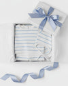 Carriage Boutique 3 piece baby set with white and sky blue striped top, leggings, and matching hat in a gift box.