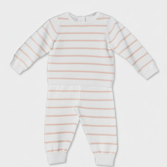 Carriage Boutique baby knit legging set in creamy white with blush pink stripes, featuring long sleeves and soft cotton.