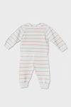Carriage Boutique baby knit legging set in creamy white with blush pink stripes, featuring long sleeves and soft cotton.