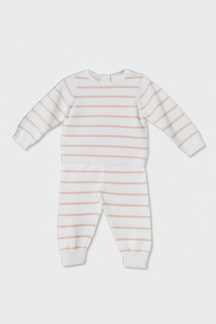 Carriage Boutique baby knit legging set in creamy white with blush pink stripes, featuring long sleeves and soft cotton.