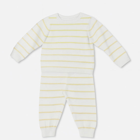 Carriage Boutique baby knit set in creamy white with yellow stripes, featuring a long-sleeve top and matching leggings.