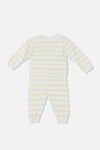 Carriage Boutique baby knit set in creamy white with yellow stripes, featuring a long-sleeve top and matching leggings.