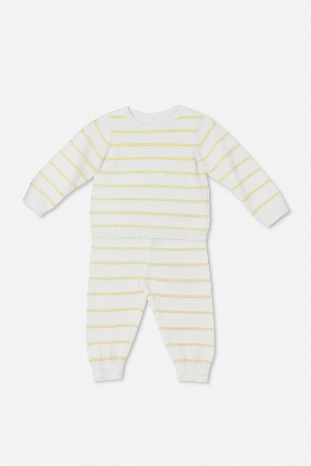 Carriage Boutique baby knit set in creamy white with yellow stripes, featuring a long-sleeve top and matching leggings.