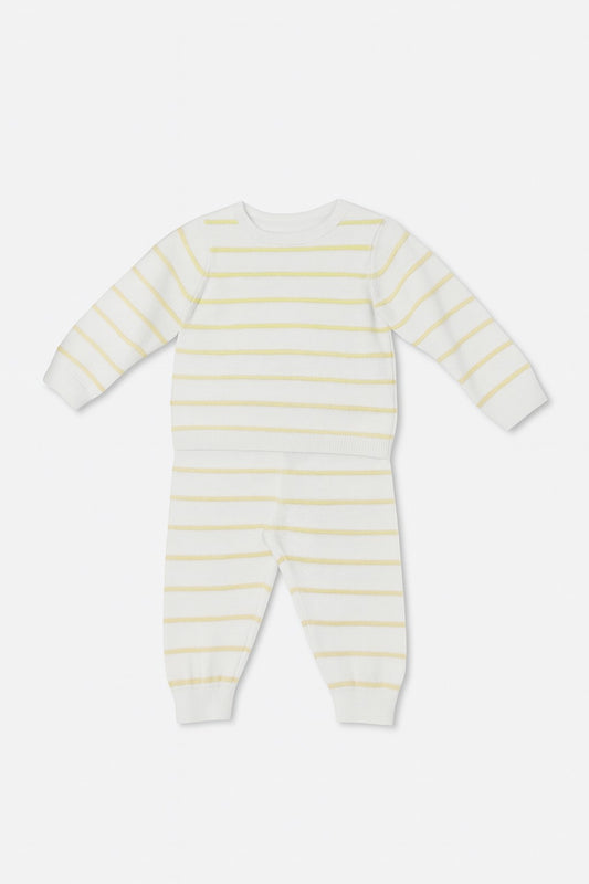 Carriage Boutique baby knit set in creamy white with yellow stripes, featuring a long-sleeve top and matching leggings.
