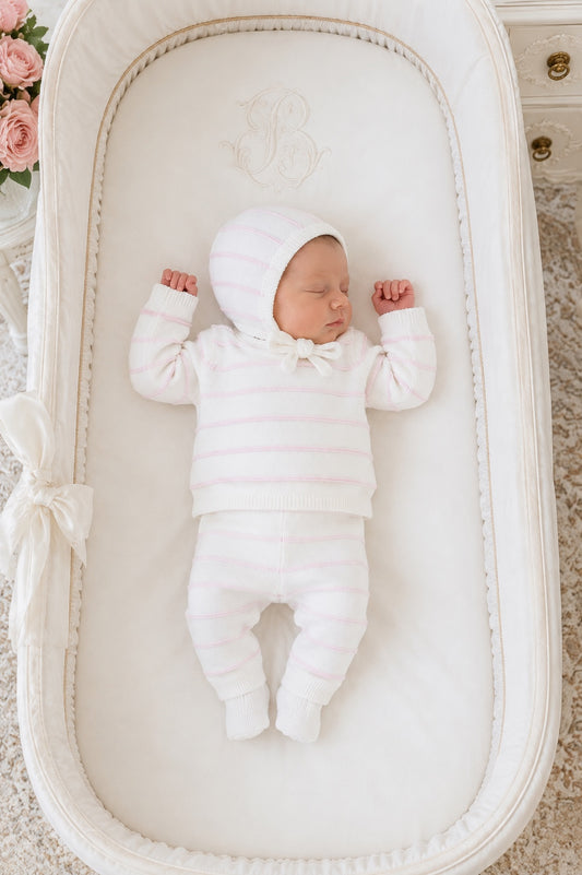 Newborn baby sleeping in a Carriage Boutique white knit legging set with blush pink stripes and matching bonnet