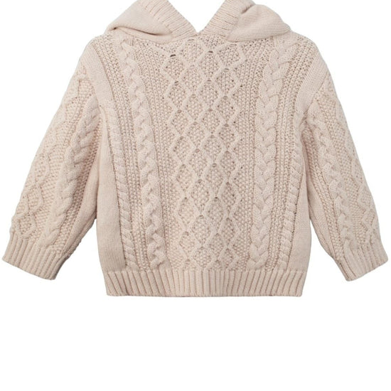 Carriage Boutique beige cotton fisherman knit baby sweater with a hood and cable knit texture