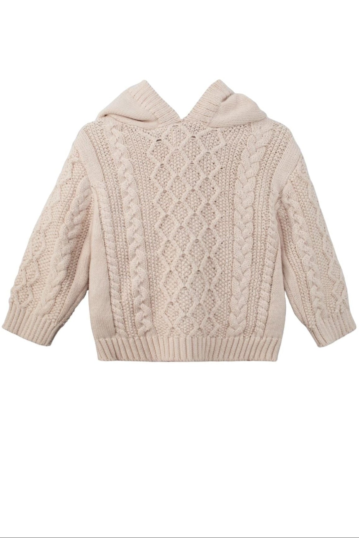 Carriage Boutique beige cotton fisherman knit baby sweater with a hood and cable knit texture