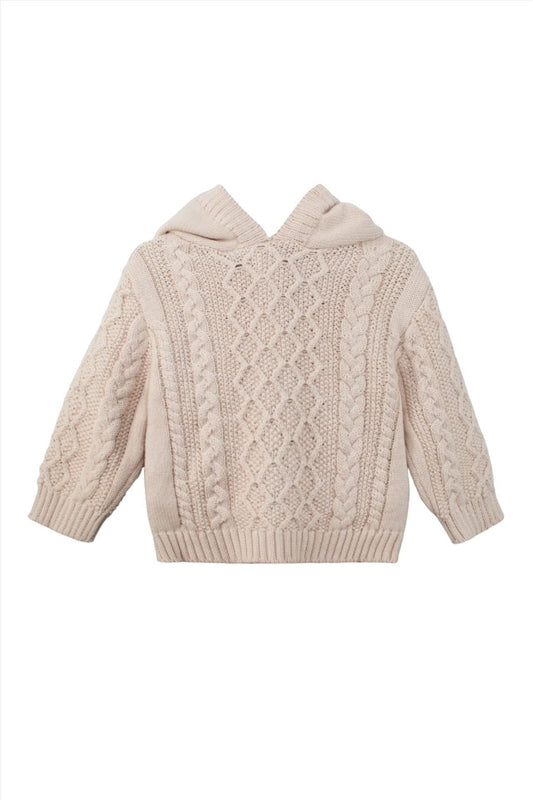 Carriage Boutique beige cotton fisherman knit baby sweater with a hood and cable knit texture