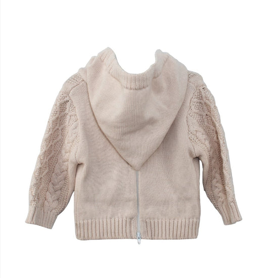 Carriage Boutique beige cotton fisherman knit baby sweater with a hood and zip-back closure.