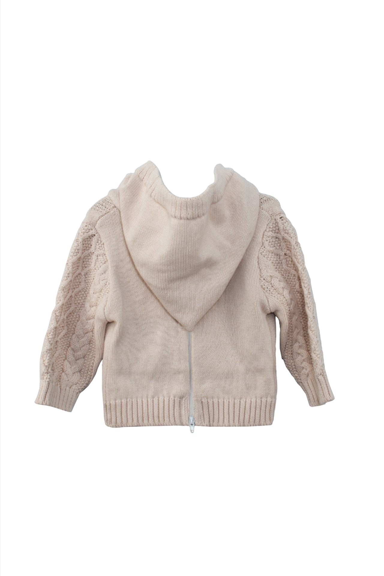 Carriage Boutique beige cotton fisherman knit baby sweater with a hood and zip-back closure.
