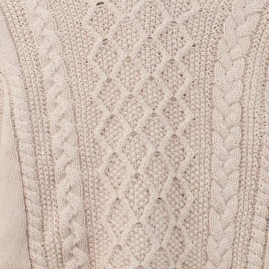 Carriage Boutique beige cotton fisherman knit sweater with intricate cable and diamond pattern texture