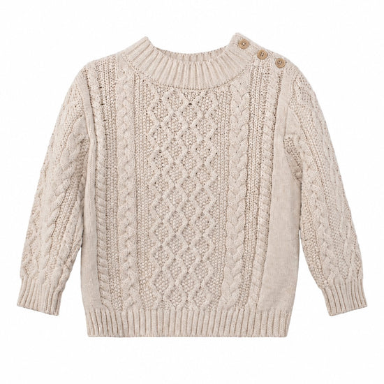 Carriage Boutique baby boy fisherman knit pullover sweater in beige cotton with shoulder button detail.