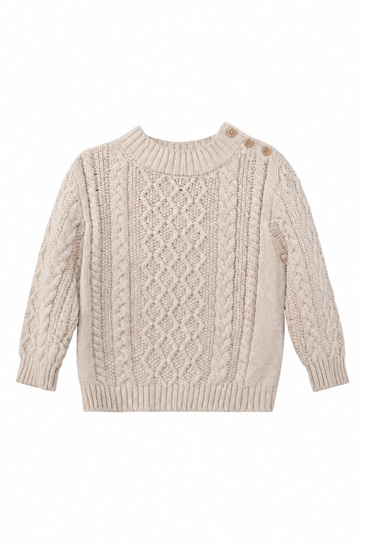 Carriage Boutique baby boy fisherman knit pullover sweater in beige cotton with shoulder button detail.