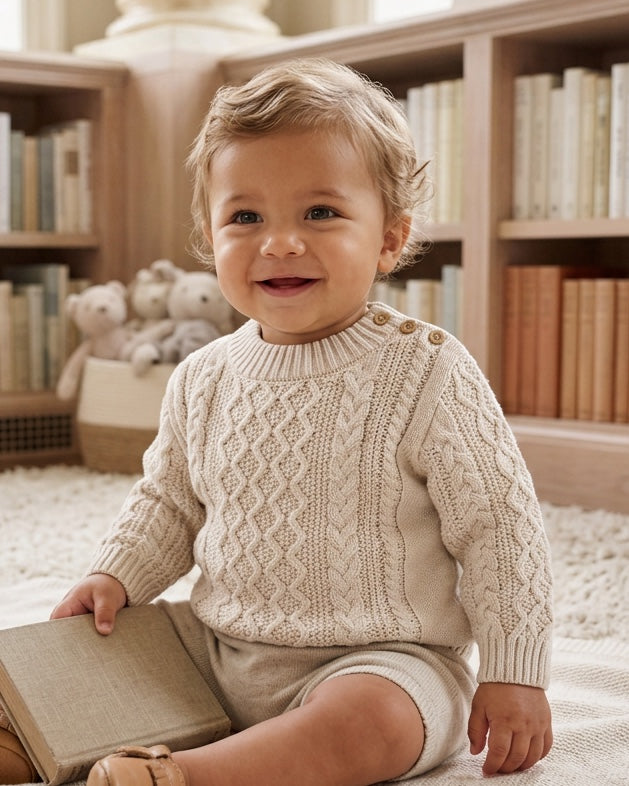 Carriage Boutique baby boy wearing a cream fisherman knit cotton pullover sweater with shoulder button details.