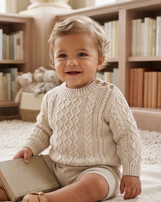 Carriage Boutique baby boy wearing a cream fisherman knit cotton pullover sweater with shoulder button details.