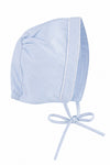 Carriage Boutique light blue baby boy bonnet with subtle shadow texture and white piping trim for Easter celebrations.