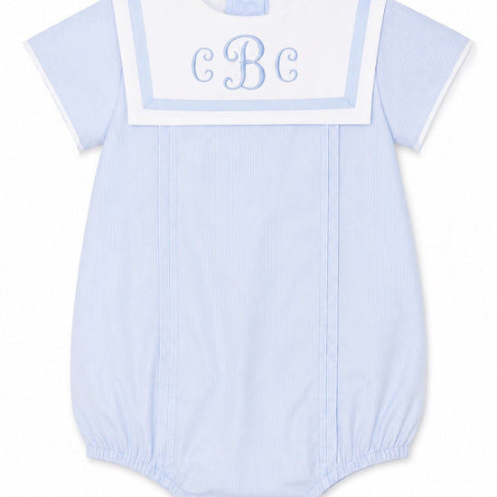 Carriage Boutique baby boy bubble romper in blue and white with a Peter Pan collar and custom monogram embroidery.