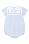 Carriage Boutique baby boy bubble romper in blue and white with a Peter Pan collar and custom monogram embroidery.