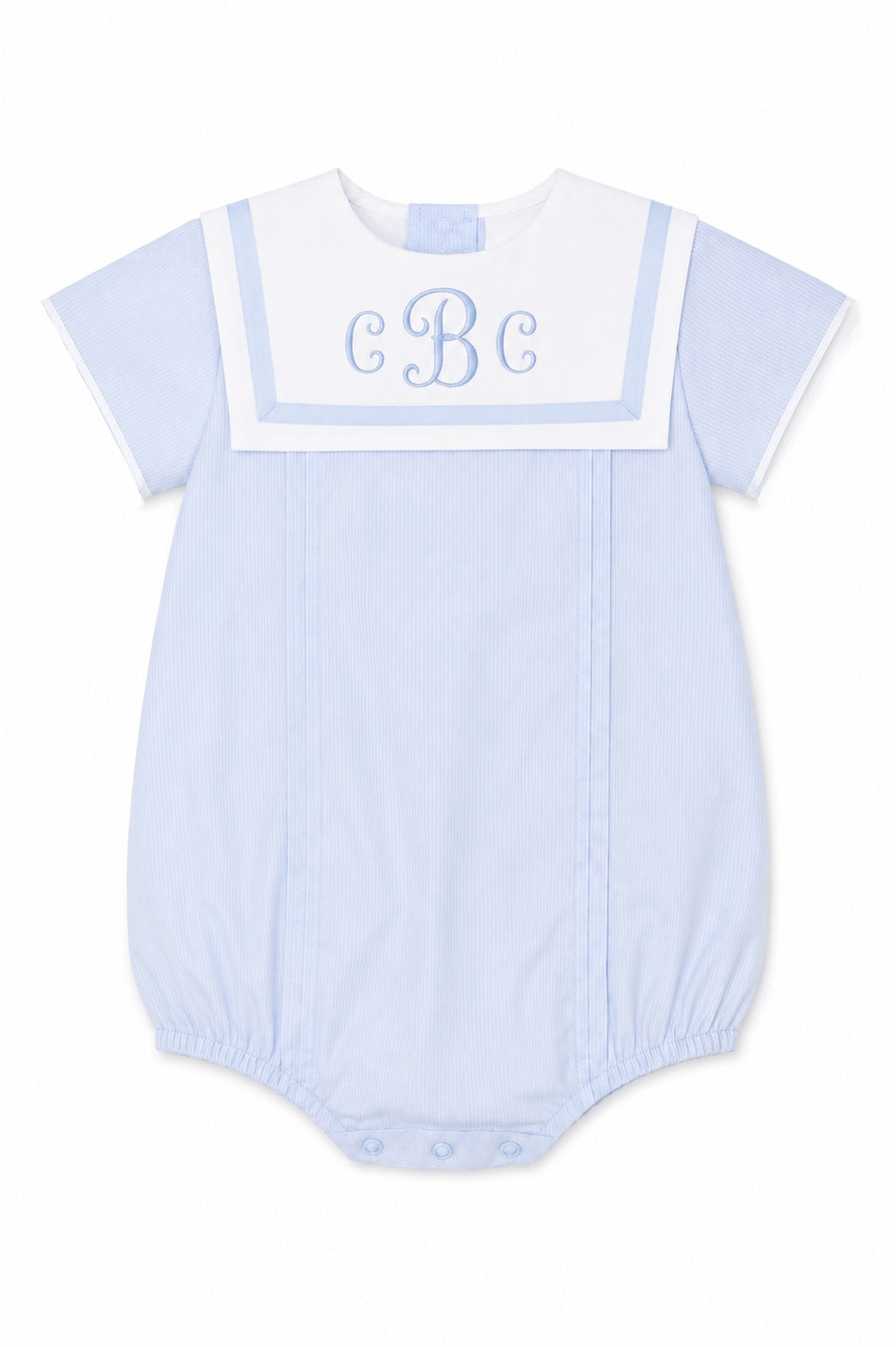 Carriage Boutique baby boy bubble romper in blue and white with a Peter Pan collar and custom monogram embroidery.