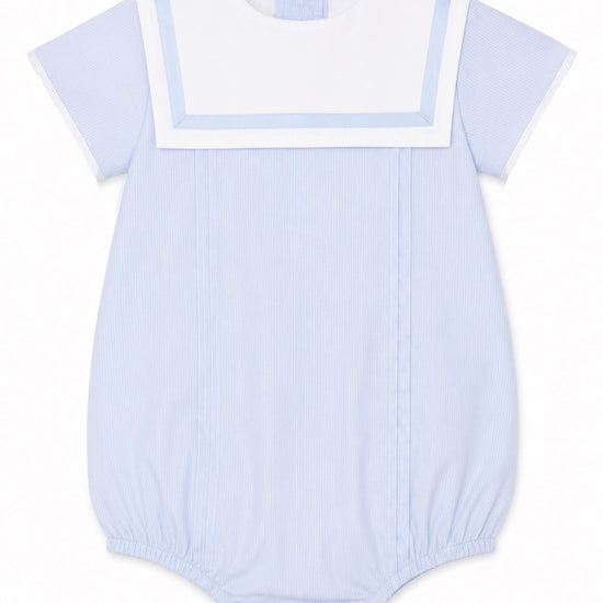 Carriage Boutique blue and white baby boy bubble romper with a classic Peter Pan collar and button-back closure.