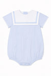 Carriage Boutique blue and white baby boy bubble romper with a classic Peter Pan collar and button-back closure.
