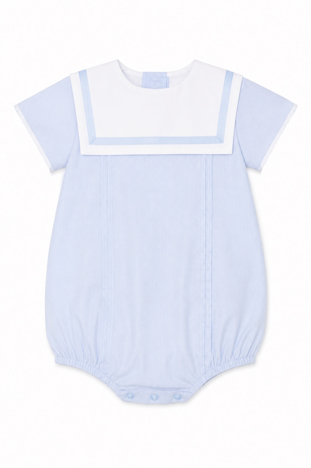 Carriage Boutique blue and white baby boy bubble romper with a classic Peter Pan collar and button-back closure.