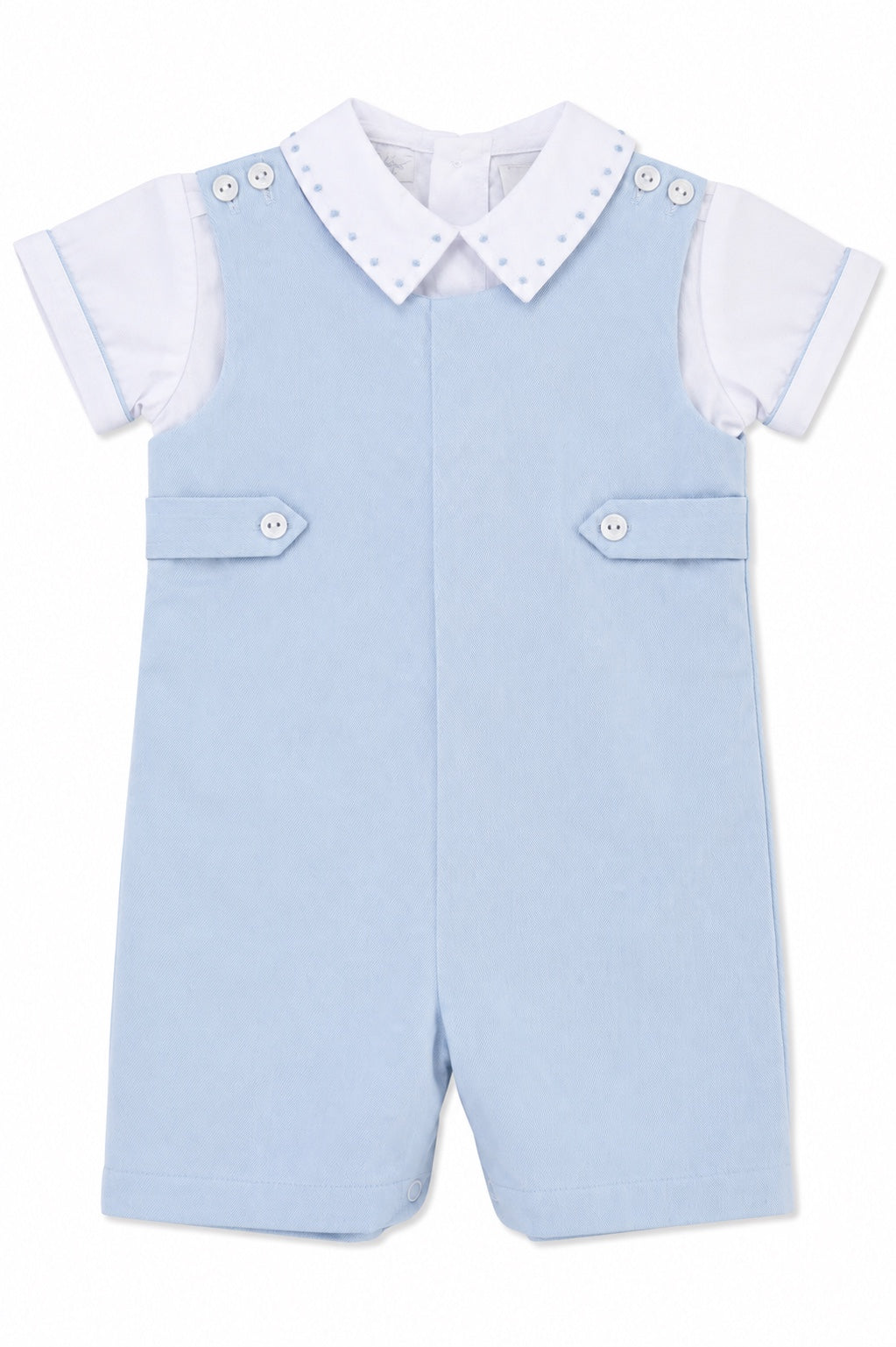 Carriage Boutique baby boy shortall romper in light blue cotton with a white collared shirt and button details.