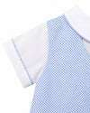 Carriage Boutique baby boy bubble romper in blue and white geometric check pattern with a classic collar