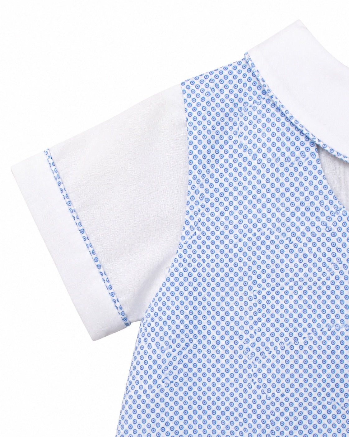 Carriage Boutique baby boy bubble romper in blue and white geometric check pattern with a classic collar