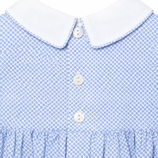 Carriage Boutique baby boy bubble romper with blue checkered pattern, white peter pan collar, and button front detail.
