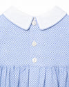 Carriage Boutique baby boy bubble romper with blue checkered pattern, white peter pan collar, and button front detail.