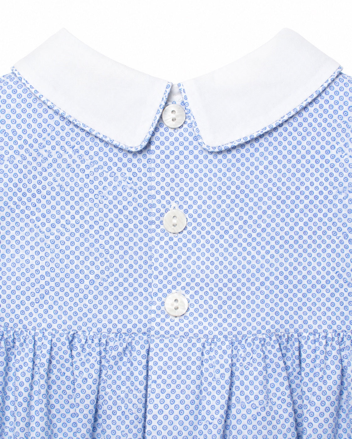 Carriage Boutique baby boy bubble romper with blue checkered pattern, white peter pan collar, and button front detail.