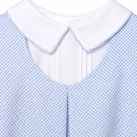 Carriage Boutique baby boy bubble romper featuring a blue and white micro-check pattern and a crisp white collar.