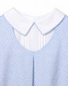 Carriage Boutique baby boy bubble romper featuring a blue and white micro-check pattern and a crisp white collar.