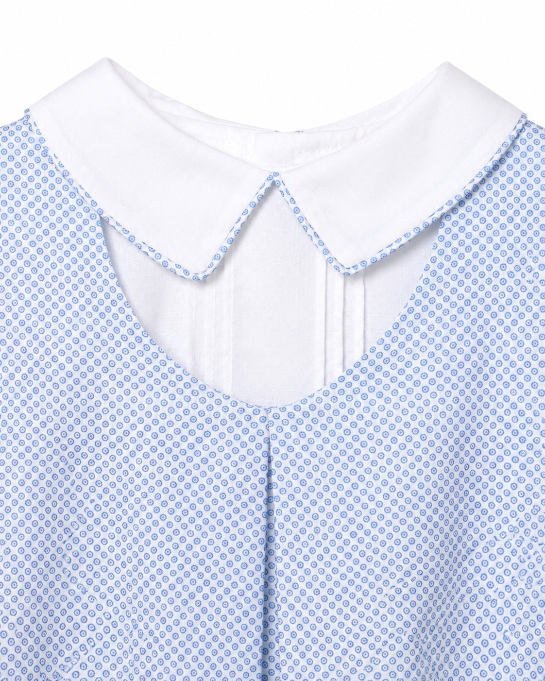 Carriage Boutique baby boy bubble romper featuring a blue and white micro-check pattern and a crisp white collar.