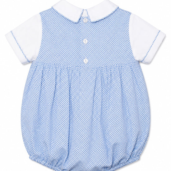 Carriage Boutique baby boy bubble romper in blue and white micro-check pattern with a classic Peter Pan collar