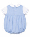 Carriage Boutique baby boy bubble romper in blue and white micro-check pattern with a classic Peter Pan collar