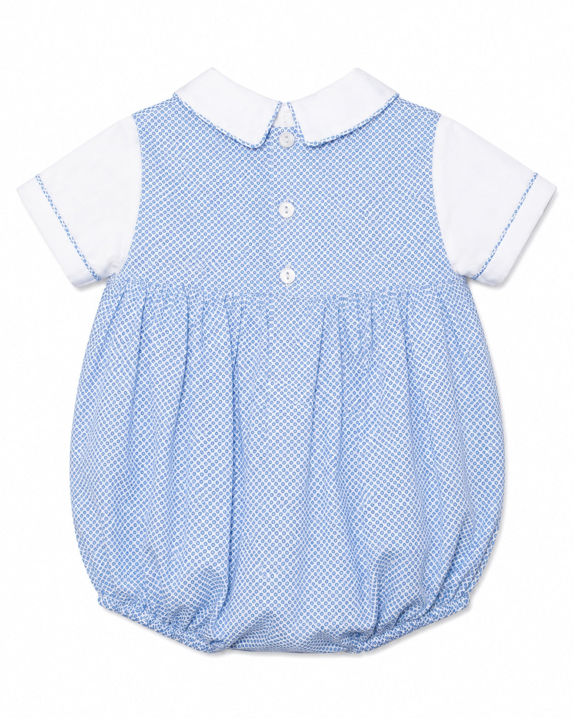 Carriage Boutique baby boy bubble romper in blue and white micro-check pattern with a classic Peter Pan collar